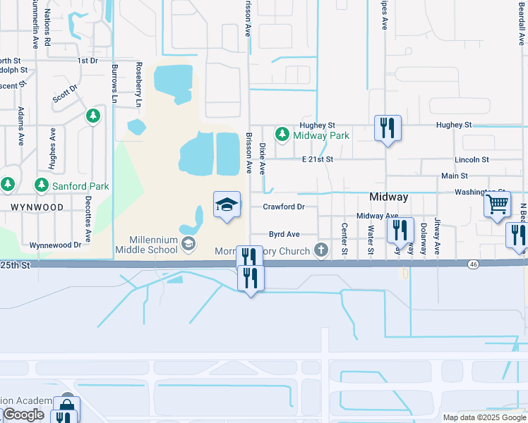 map of restaurants, bars, coffee shops, grocery stores, and more near 2441 Crawford Drive in Sanford