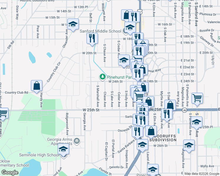 map of restaurants, bars, coffee shops, grocery stores, and more near 2408 South Lake Avenue in Sanford