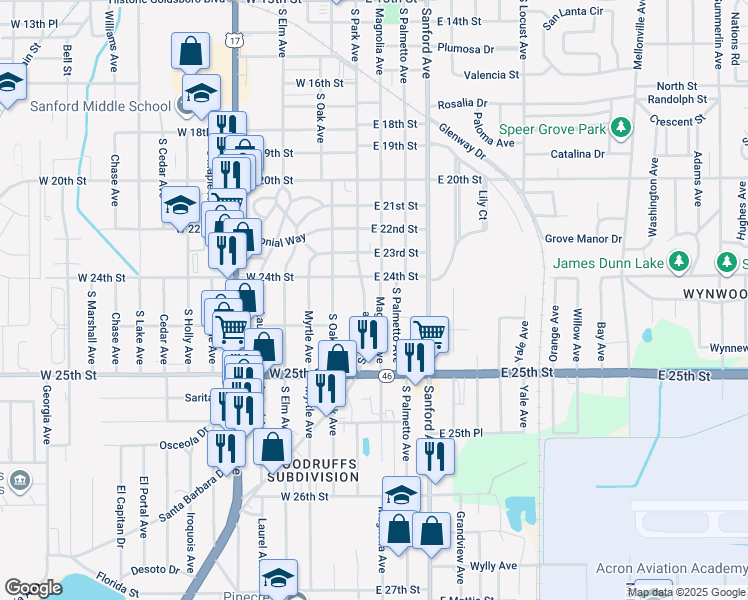 map of restaurants, bars, coffee shops, grocery stores, and more near 2425 South Park Avenue in Sanford
