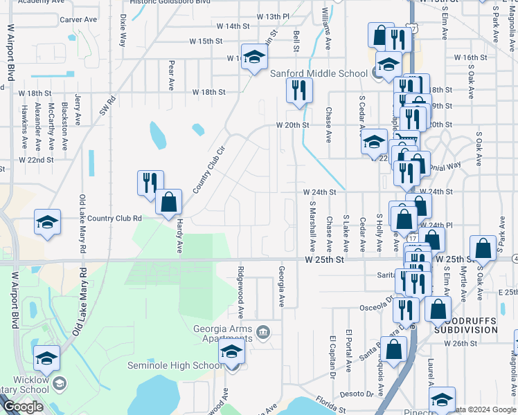 map of restaurants, bars, coffee shops, grocery stores, and more near 205 Bradshaw Drive in Sanford