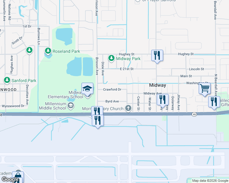 map of restaurants, bars, coffee shops, grocery stores, and more near 2511 Crawford Drive in Sanford