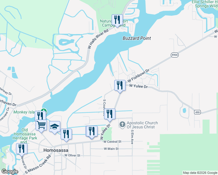 map of restaurants, bars, coffee shops, grocery stores, and more near 10450 West Fishbowl Drive in Homosassa