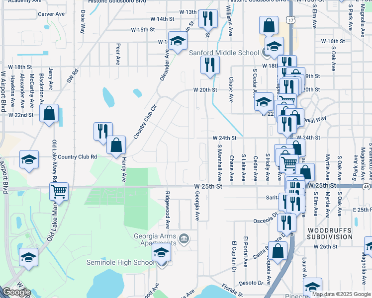 map of restaurants, bars, coffee shops, grocery stores, and more near 206 Hays Drive in Sanford