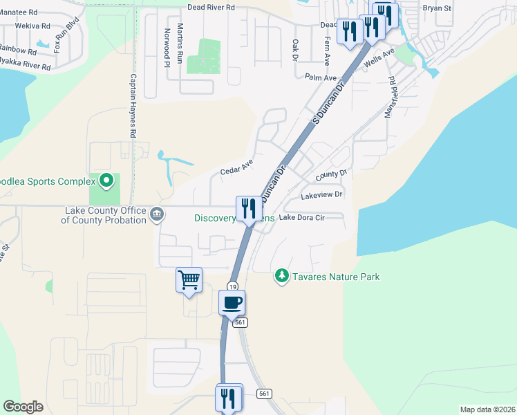map of restaurants, bars, coffee shops, grocery stores, and more near 12547 Woodlea Road in Tavares