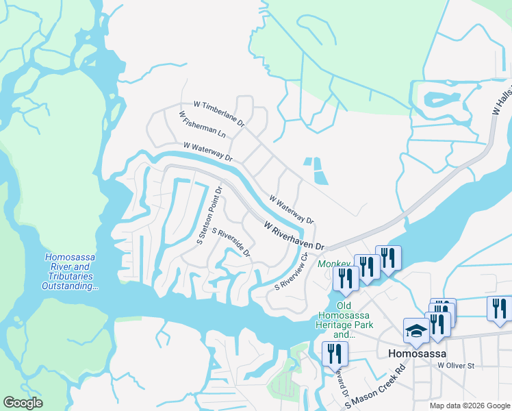 map of restaurants, bars, coffee shops, grocery stores, and more near 11510 West Waterway Drive in Homosassa