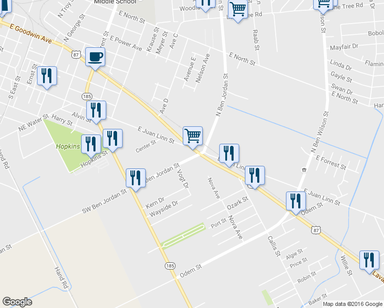 map of restaurants, bars, coffee shops, grocery stores, and more near 2407 Port Lavaca Drive in Victoria