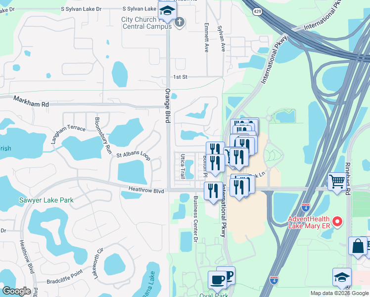 map of restaurants, bars, coffee shops, grocery stores, and more near 1938 Piedmont Place in Lake Mary