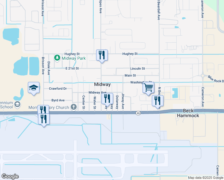 map of restaurants, bars, coffee shops, grocery stores, and more near 2271 Greenway in Sanford