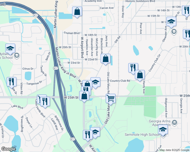 map of restaurants, bars, coffee shops, grocery stores, and more near 2406 Southwest Road in Sanford