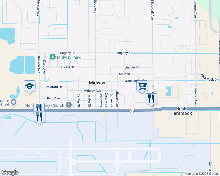 map of restaurants, bars, coffee shops, grocery stores, and more near 2271 Greenway in Sanford