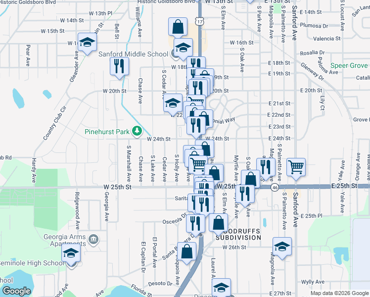 map of restaurants, bars, coffee shops, grocery stores, and more near 2408 South Maple Avenue in Sanford