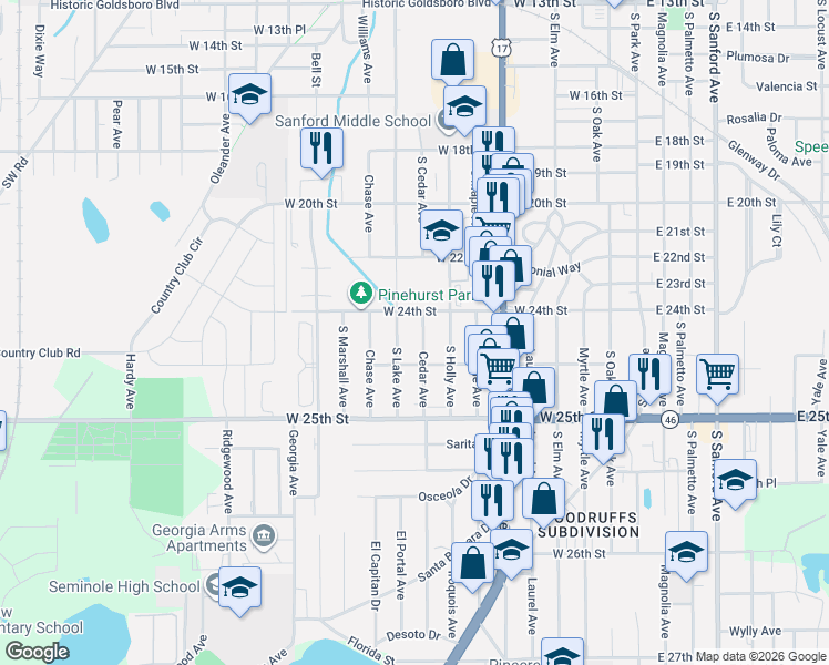 map of restaurants, bars, coffee shops, grocery stores, and more near 2411 South Cedar Avenue in Sanford