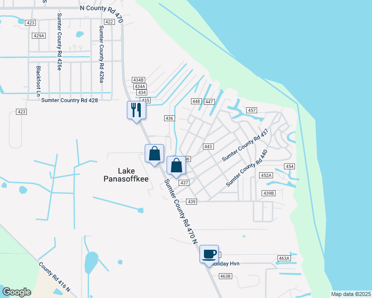 map of restaurants, bars, coffee shops, grocery stores, and more near 2264 County Road 445 in Lake Panasoffkee