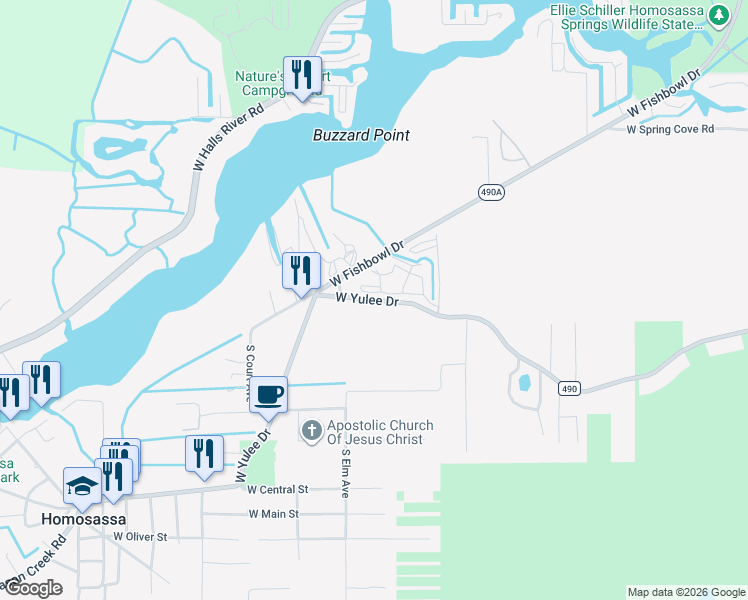 map of restaurants, bars, coffee shops, grocery stores, and more near 10170 West Yulee Drive in Homosassa