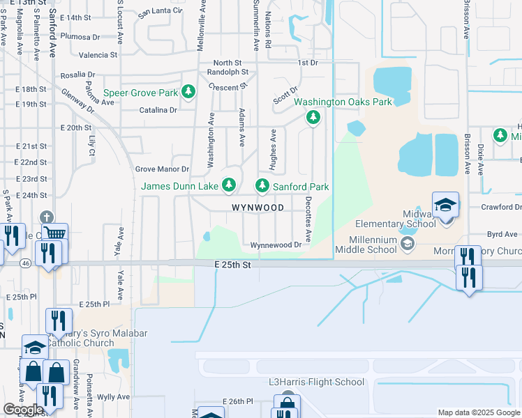 map of restaurants, bars, coffee shops, grocery stores, and more near 1400 Forest Drive in Sanford