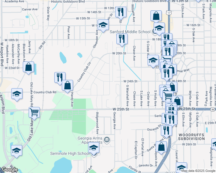 map of restaurants, bars, coffee shops, grocery stores, and more near 204 Hays Drive in Sanford