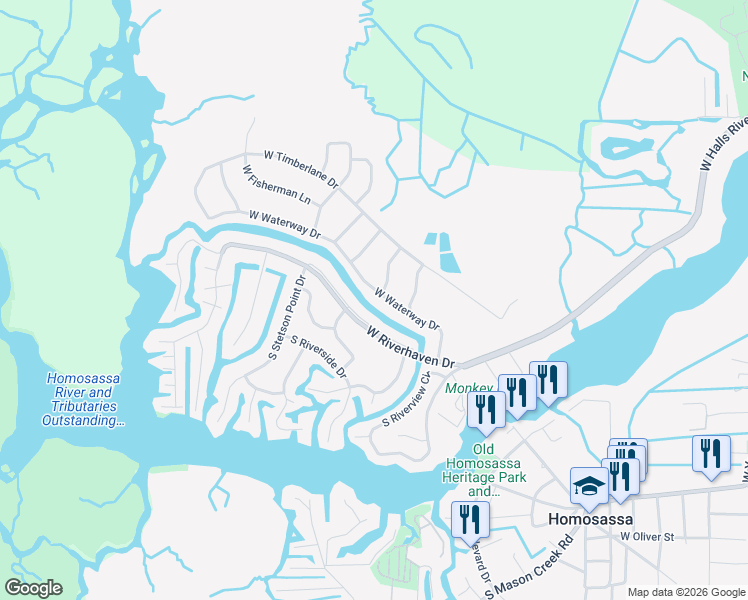 map of restaurants, bars, coffee shops, grocery stores, and more near 11510 West Waterway Drive in Homosassa