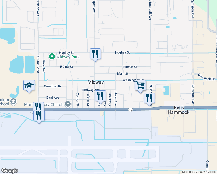 map of restaurants, bars, coffee shops, grocery stores, and more near 2271 Greenway in Sanford