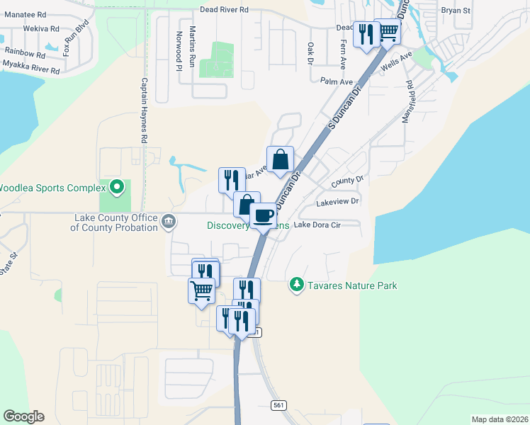 map of restaurants, bars, coffee shops, grocery stores, and more near 12547 Woodlea Road in Tavares