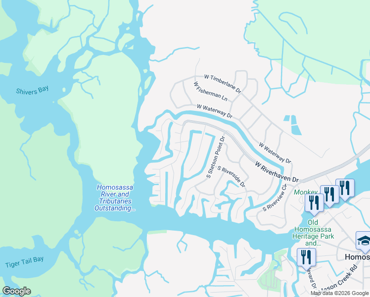 map of restaurants, bars, coffee shops, grocery stores, and more near 11898 West Riverhaven Drive in Homosassa
