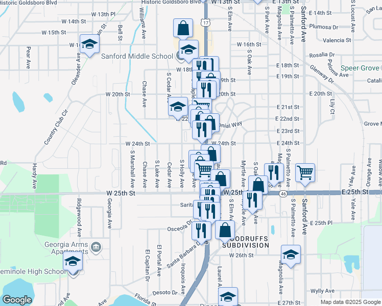 map of restaurants, bars, coffee shops, grocery stores, and more near 2408 South Maple Avenue in Sanford