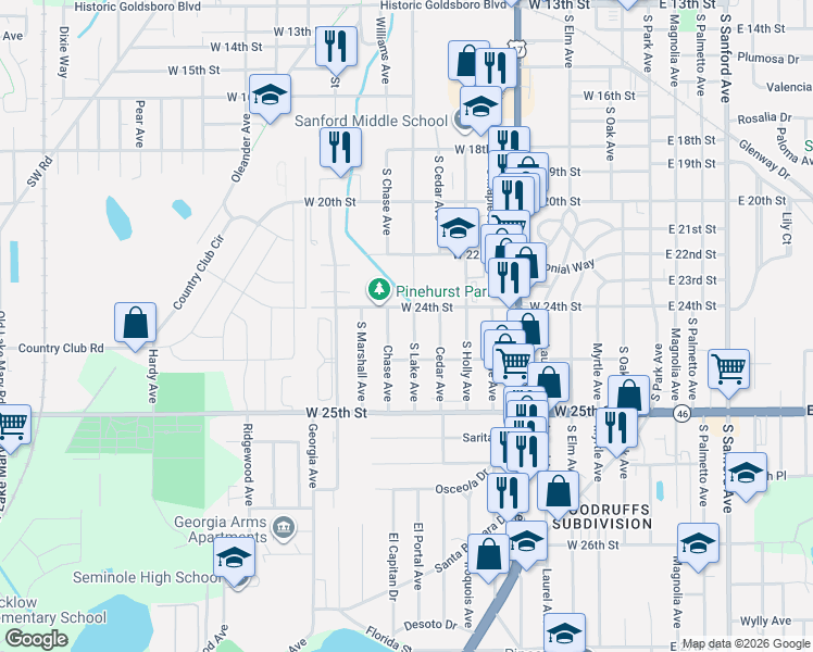 map of restaurants, bars, coffee shops, grocery stores, and more near 2408 South Lake Avenue in Sanford