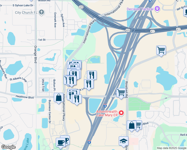 map of restaurants, bars, coffee shops, grocery stores, and more near 200 Colonial Center Parkway in Lake Mary