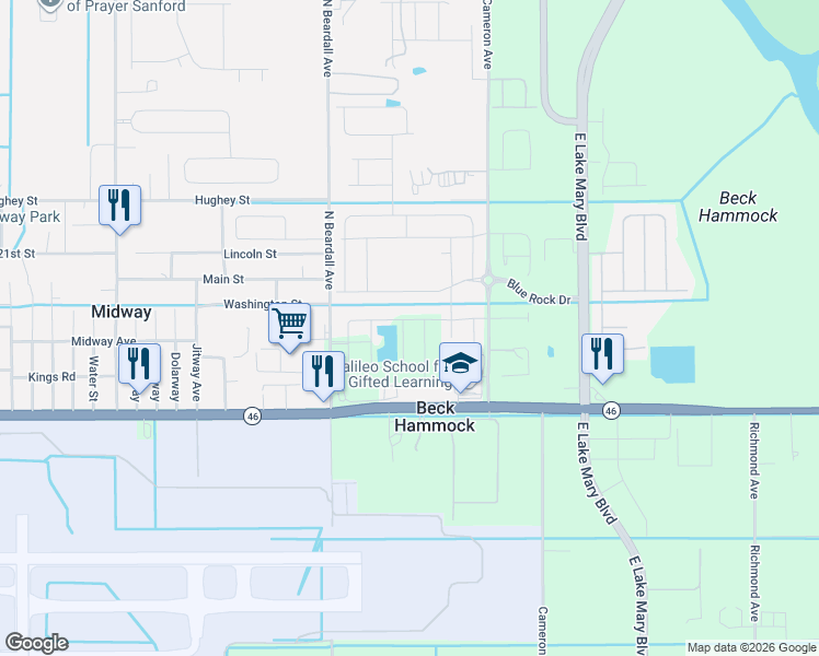 map of restaurants, bars, coffee shops, grocery stores, and more near 2347 Hollyberry Way in Sanford
