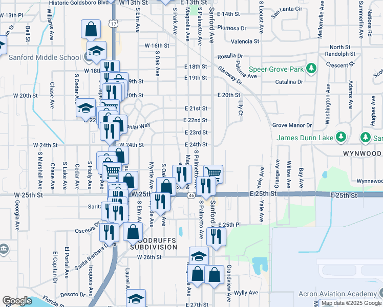 map of restaurants, bars, coffee shops, grocery stores, and more near 2425 South Park Avenue in Sanford