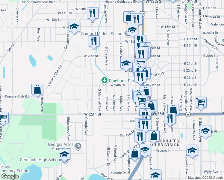 map of restaurants, bars, coffee shops, grocery stores, and more near 2408 South Lake Avenue in Sanford