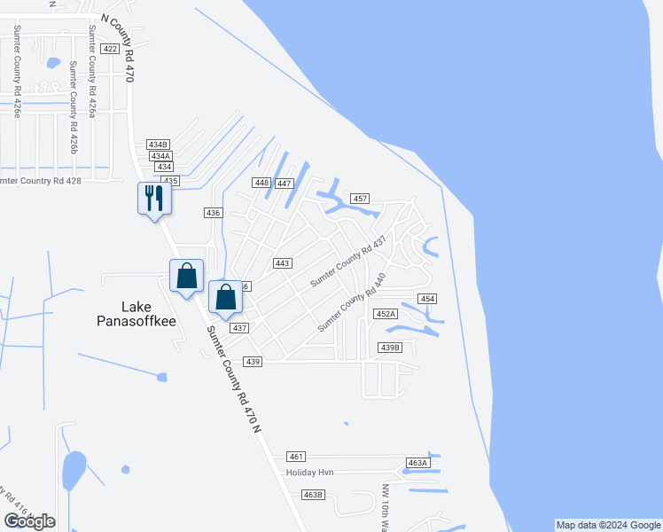 map of restaurants, bars, coffee shops, grocery stores, and more near 1110 County Road 437 in Lake Panasoffkee