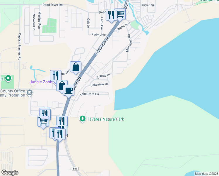 map of restaurants, bars, coffee shops, grocery stores, and more near 1323 Basin Street in Tavares