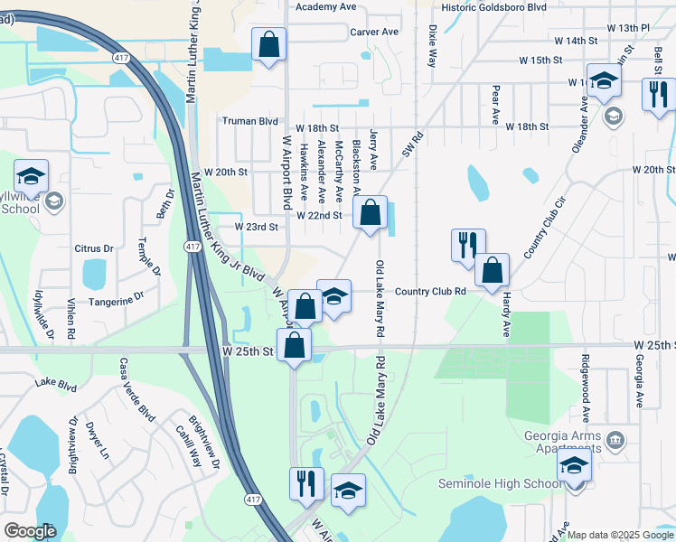 map of restaurants, bars, coffee shops, grocery stores, and more near 2406 Southwest Road in Sanford