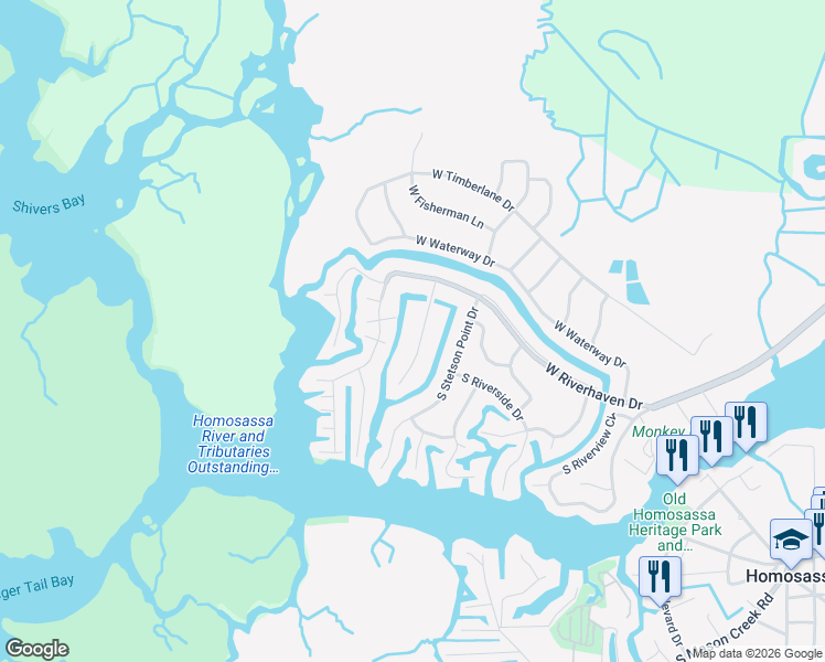 map of restaurants, bars, coffee shops, grocery stores, and more near 11898 West Riverhaven Drive in Homosassa