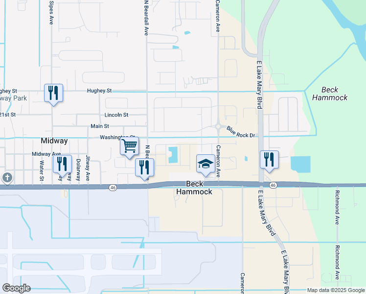 map of restaurants, bars, coffee shops, grocery stores, and more near 2347 Hollyberry Way in Sanford