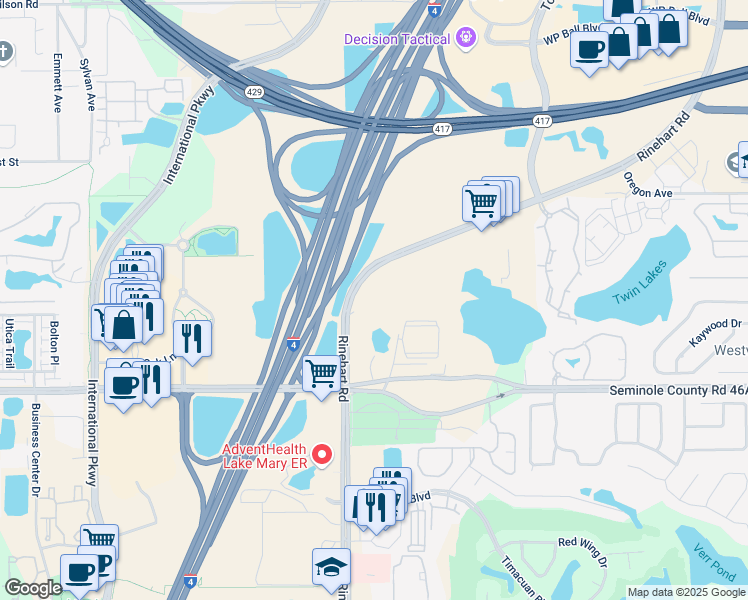 map of restaurants, bars, coffee shops, grocery stores, and more near 995 Rinehart Road in Sanford