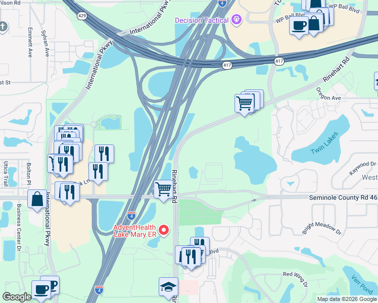 map of restaurants, bars, coffee shops, grocery stores, and more near 995 Rinehart Road in Sanford
