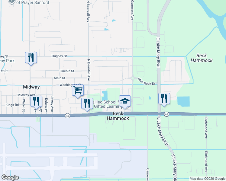 map of restaurants, bars, coffee shops, grocery stores, and more near 2347 Hollyberry Way in Sanford