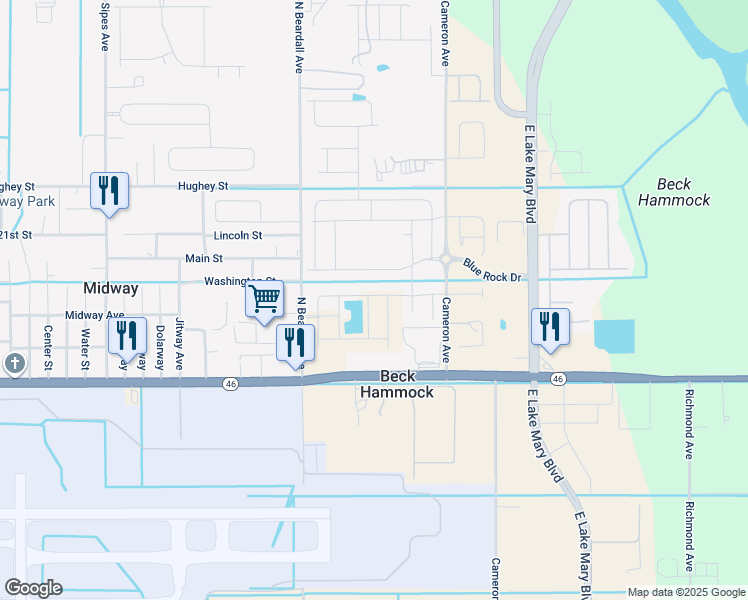map of restaurants, bars, coffee shops, grocery stores, and more near 2347 Hollyberry Way in Sanford