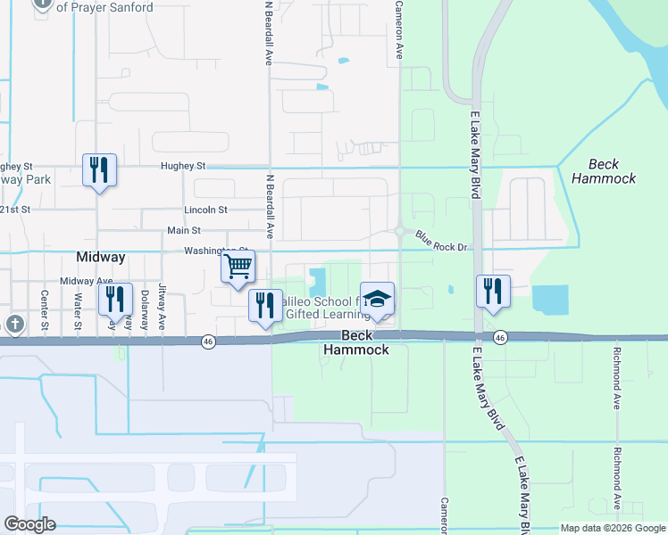 map of restaurants, bars, coffee shops, grocery stores, and more near 2347 Hollyberry Way in Sanford