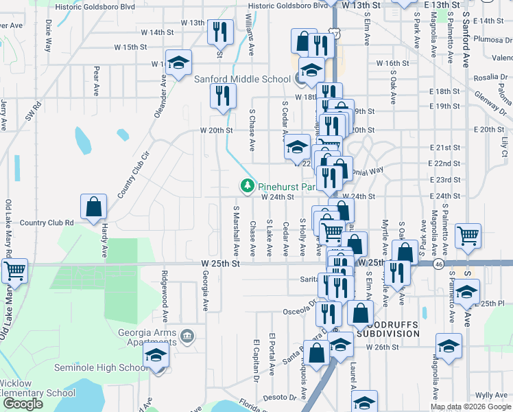 map of restaurants, bars, coffee shops, grocery stores, and more near 2408 South Lake Avenue in Sanford