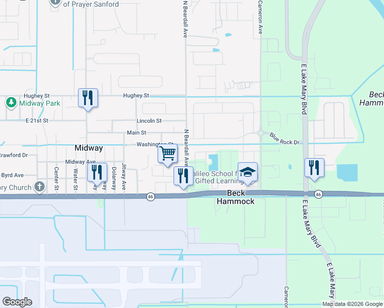 map of restaurants, bars, coffee shops, grocery stores, and more near 2312a Beardall Avenue in Sanford