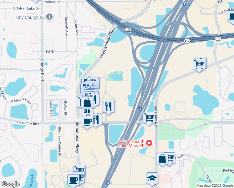 map of restaurants, bars, coffee shops, grocery stores, and more near 200 Colonial Center Parkway in Lake Mary