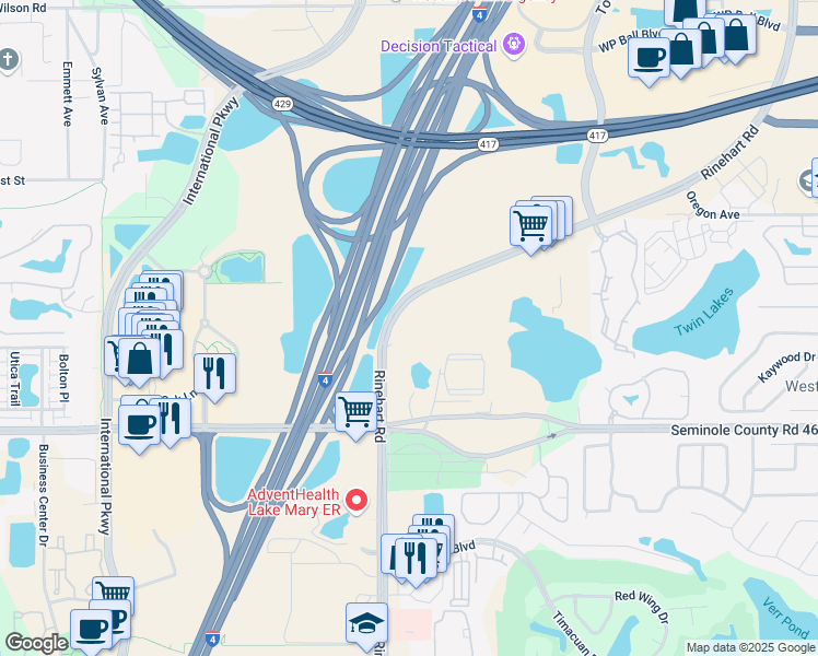 map of restaurants, bars, coffee shops, grocery stores, and more near 1001 Rinehart Road in Sanford