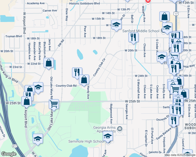map of restaurants, bars, coffee shops, grocery stores, and more near 136 Country Club Drive in Sanford