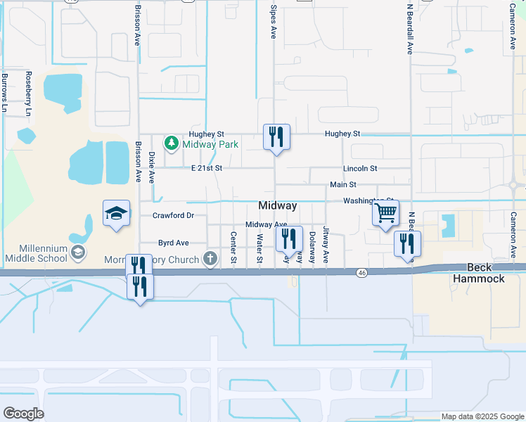 map of restaurants, bars, coffee shops, grocery stores, and more near 2231 Water Street in Sanford