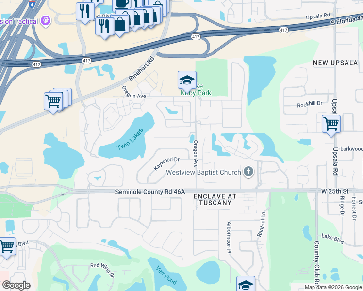 map of restaurants, bars, coffee shops, grocery stores, and more near 110 Woodridge Trail in Sanford
