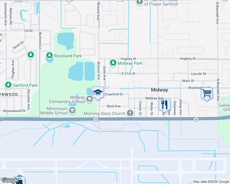 map of restaurants, bars, coffee shops, grocery stores, and more near 2511 Crawford Drive in Sanford