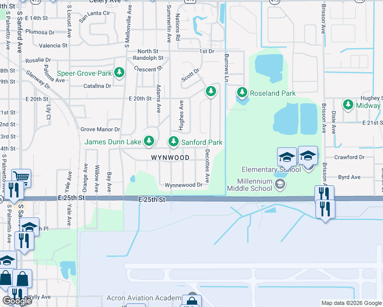 map of restaurants, bars, coffee shops, grocery stores, and more near 1503 Forest Drive in Sanford