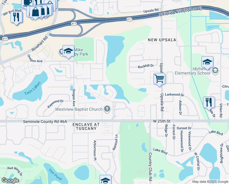 map of restaurants, bars, coffee shops, grocery stores, and more near 119 Dresdan Court in Sanford